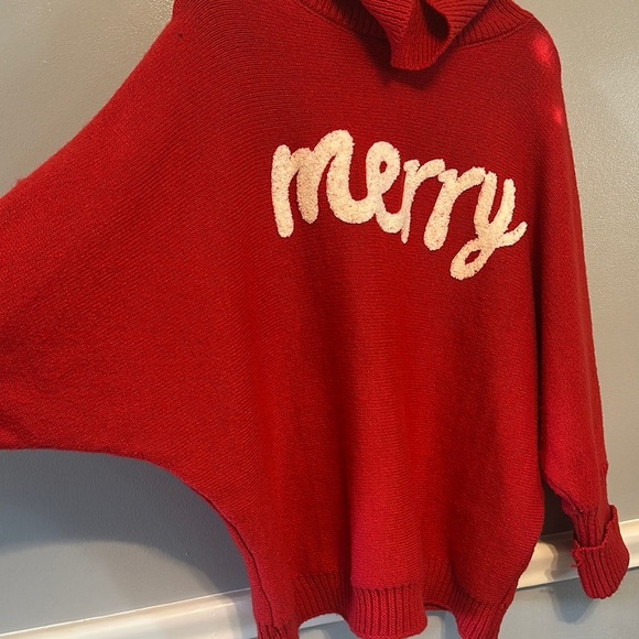 Festive Red Cowl Neck Sweater with Merry Design - Picture 4 of 5